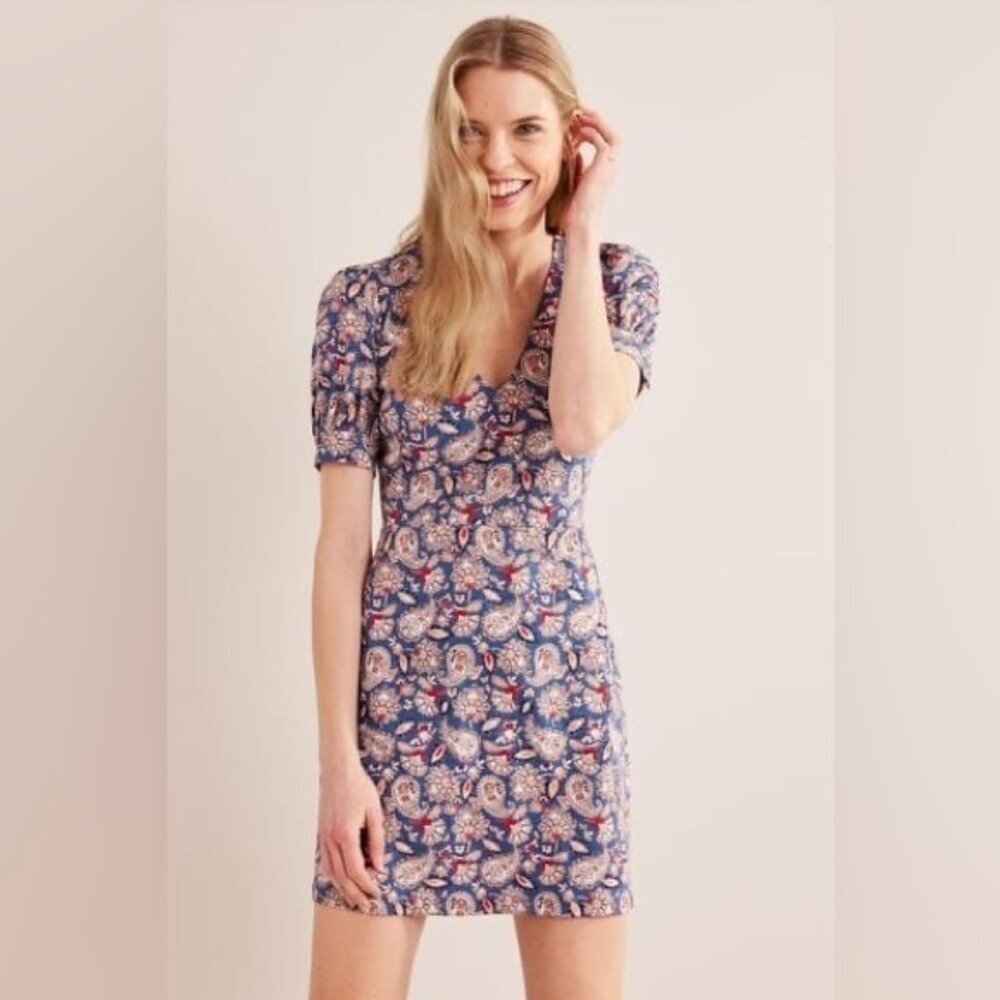 NWT BODEN V Neck Puff Sleeve Paisley Jersey Mini Dress‎ Cotton D0555 Size 12L - Picture 3 of 16
